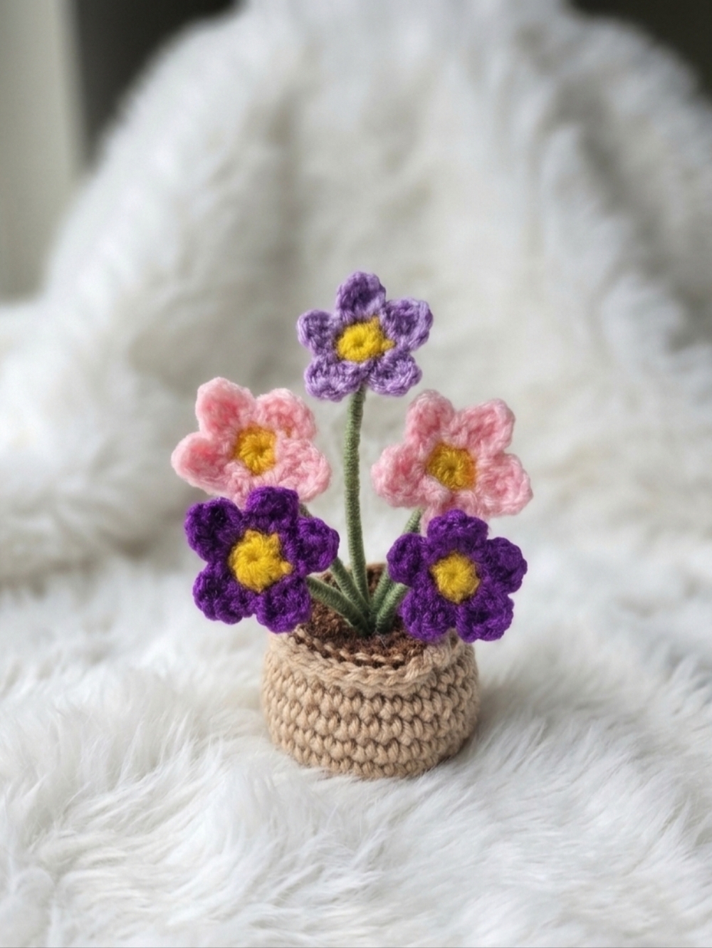 Handcrafted Faux Floral Crochet Bouquet in Purple and Pink